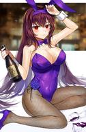 1girl animal_ears bangs bare_shoulders blush bottle bow bowtie breasts bunny_ears bunny_girl bunnysuit clavicle cleavage covered_navel cup detached_collar drinking_glass eyebrows_visible_through_hair fategrand_order fate_(series) female flower gijang hair_between_eyes high_heels hips large_breasts leotard long_hair looking_at_viewer pantyhose purple_hair purple_leotard red_eyes scathach_(fate) shoes smile solo strapless strapless_leotard thighs wine_bottle wine_glass wrist_cuffs // 880x1342 // 261.3KB