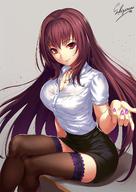 1girl artist_name black_skirt blouse bracelet breasts cleavage collarbone collared_blouse commentary fategrand_order fate_(series) grey_background hair_intakes highres jewelry large_breasts legs_crossed lips long_hair looking_at_viewer nail_polish necklace office_lady pencil_skirt purple_hair purple_nails red_eyes sakiyamama scathach_(fategrand_order) short_sleeves simple_background sitting skirt smile solo thighhighs very_long_hair white_blouse // 1080x1527 // 248.2KB