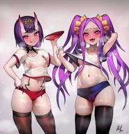 2girls :d :q armpits bangs black_legwear blue_buruma breasts brown_legwear buruma cameltoe clavicle contrapposto crop_top cup eyebrows_visible_through_hair eyeliner facial_mark fang_out fangs fategrand_order fate_(series) female forehead_mark gradient gradient_background grimgrim gym_shirt gym_uniform hand_on_hip heart heart-shaped_pupils high_resolution horns long_hair looking_at_viewer makeup midriff multiple_girls navel nipple_slip nipples no_bra one_arm_up oni open_mouth parted_bangs pink_eyes purple_eyes purple_hair red_buruma sakazuki see-through shirt shirt_lift short_hair shuten_douji_(fate) sidelocks simple_background skindentation small_breasts smile sweat symbol-shaped_pupils thighhighs tied_hair tongue tongue_out twintails very_long_hair wu_zetian_(fate) // 1200x1243 // 192.0KB