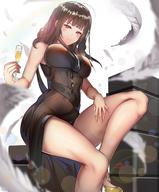1girl alternate_costume armpits bangs bare_shoulders black_dress blunt_bangs blush bottle breasts brown_hair champagne_flute cup dress drinking_glass dsr-50_(girls_frontline) feathers girls_frontline gold_footwear hair_over_shoulder half-closed_eyes hand_on_thigh high_heels highres holding holding_drinking_glass knee_up large_breasts lens_flare lipstick_mark long_hair looking_at_viewer red_eyes sidelocks sitting skindentation smile solo sparkle thigh_strap thighs yusan // 1200x1446 // 182.4KB
