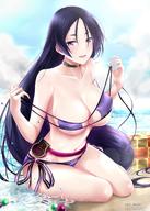 1girl armlet bangs bare_shoulders beach beads bikini black_gloves blue_sky blush breasts choker clavicle day eyepatch_bikini fategrand_order fate_(series) female fingerless_gloves gloves high_resolution hips jewelry large_breasts long_hair looking_at_viewer low-tied_long_hair minamoto_no_raikou_(fate) navel ocean open_mouth parted_bangs pouch purple_bikini purple_eyes purple_hair rei_kun rope side-tie_bikini sky smile solo swimsuit thighs tied_hair untied untied_bikini very_long_hair waist // 1080x1512 // 207.9KB