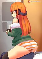 1boy 1girl artist_name ass blue_eyes erection_under_clothes faceless_male frottage game_controller glasses headphones jacket japanese_text kazukoto looking_back panties persona persona_5 red_hair sakura_futaba sitting sitting_on_lap sitting_on_person smile striped_panties text thigh_highs web_address // 880x1241 // 111.9KB