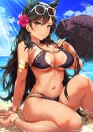 1girl animal_ears anklet arm_support armlet artist_name atago_(azur_lane) azur_lane bangs barefoot beach beach_umbrella bikini bikini_tug black_bikini black_hair black_umbrella blush bracelet breasts brown_eyes cleavage_cutout cloud collarbone day earrings extra_ears eyebrows_visible_through_hair eyewear_on_head flower grin hair_flower hair_ornament highres hoop_earrings jewelry knee_up large_breasts long_hair looking_at_viewer mole mole_under_eye nail_polish navel outdoors parted_lips partially_submerged red_nails ribbon sakiyamama signature sitting skindentation smile solo sparkle stomach strap_pull sunglasses sunlight swept_bangs swimsuit tan tanline thighs umbrella wet white-framed_eyewear // 1080x1528 // 276.2KB