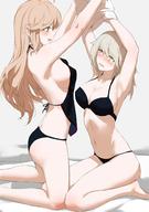 2girls :d armpits arms_up ass assisted_exposure bare_arms bare_legs bare_shoulders barefoot black_bra black_panties black_ribbon blonde_hair blush bra breasts character_request cleavage commentary earrings embarrassed green_eyes grey_background highres jewelry jiaoshouwen kneeling large_breasts light_brown_hair long_hair looking_up medium_breasts missouri_(zhan_jian_shao_nyu) multiple_girls navel nose_blush open_mouth orange_eyes panties pximg ribbon see-through sideboob simple_background sitting smile star star_earrings stomach underwear underwear_only wariza wavy_mouth yuri zhan_jian_shao_nyu // 960x1369 // 160.1KB
