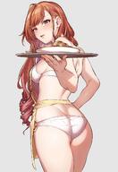 1girl apron ass back bangs bare_arms bare_shoulders bikini blush brown_eyes character_request commentary_request copyright_request dish eyebrows_visible_through_hair food from_behind hand_on_hip highres holding holding_tray ikarin legs long_hair looking_at_viewer looking_back open_mouth original red_hair sidelocks sweat sweatdrop swimsuit tray white_bikini yellow_apron // 1080x1575 // 191.6KB