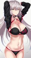 1girl ahoge arms_behind_head bangs bikini black_bikini black_jacket breasts cleavage collarbone commentary_request eyebrows_visible_through_hair farys_(afopahqfw) fategrand_order fate_(series) hair_between_eyes highres jacket jeanne_d'arc_(alter_swimsuit_berserker) jeanne_d'arc_(fate)_(all) large_breasts long_hair long_sleeves o-ring parted_lips simple_background solo swimsuit yellow_eyes // 1080x2015 // 207.2KB