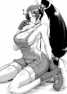 1girl alternative_costume breasts cosplay fan_no_hitori fategrand_order fate_(series) female gloves high_resolution large_breasts long_hair low-tied_long_hair minamoto_no_raikou_(fate) monochrome naked_overalls overalls paul_bunyan_(fategrand_order) paul_bunyan_(fategrand_order)_(cosplay) ponytail sideboob tied_hair // 850x1192 // 164.8KB