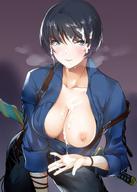 1girl black_hair blue_eyes blush breast_slip breasts clavicle cleavage facial female high_resolution large_breasts looking_at_viewer nukkoru one_breast_out_of_clothes semen semen_in_hands semen_on_body semen_on_breasts semen_on_hair semen_on_upper_body short_hair solo sword weapon // 1020x1428 // 166.6KB