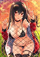 1girl against_fence ahoge alternate_costume azur_lane bangs bare_shoulders bikini black_bikini black_hair black_legwear blush breasts chain-link_fence cleavage collarbone cowboy_shot eyebrows_visible_through_hair eyewear_on_head fence groin hair_between_eyes highres jacket large_breasts long_hair looking_at_viewer mofu_cat001 navel one_side_up open_clothes open_jacket outdoors race_queen red_eyes red_jacket skindentation smile solo stomach sunglasses sunset swimsuit taihou_(azur_lane) thighhighs tongue tongue_out very_long_hair // 1080x1528 // 367.5KB