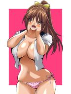 00s 1girl blush border bow breasts brown_eyes brown_hair eyebrows_visible_through_hair eyes_visible_through_hair female floral_print hair_bow hair_ornament hands_on_own_face high_resolution ichigo_100_percent inabakun00 kitaooji_satsuki large_breasts long_hair looking_at_viewer navel no_bra open_clothes open_mouth outside_border pantsu pink_background ponytail side-tie_panties simple_background smile solo tied_hair underwear white_border yellow_bow // 1280x1707 // 190.4KB
