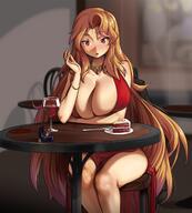 1girl alcohol blonde_hair breasts cake cup dating dress drinking_glass food fork huge_breasts jewelry long_hair looking_at_viewer necklace on_chair red_dress red_eyes red_velvet_cake ring sitting solo very_long_hair wedding_ring wine wine_glass // 1222x1360 // 189.3KB