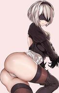 1girl ass ass_focus back blindfold boots breasts cetta_(cettadvd) clothing covered_eyes dress female footwear from_behind hair_ornament hair_ribbon high_heels legs_together leotard nier:_automata nier_(series) pantyhose ribbon shoes short_hair simple_background thick_thighs thighhighs thighs white_dress white_hair yorha_no.2_type_b // 1288x2026 // 244.7KB