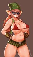 1girl :d artist_name ass_visible_through_thighs bare_shoulders bikini_top blush breasts brown_gloves brown_hair character_request cleavage collarbone commentary cowboy_shot dark_skin elbow_gloves gloves green_:hat green_shorts green_vest grey_background grin hands_on_hips heart highres huge_breasts journey_to_the_west legs_apart long_hair looking_at_viewer navel nestkeeper open_clothes open_mouth open_vest pointy_ears red_bikini_top short_shorts shorts simple_background sleeveless smile solo standing stomach striped sunglasses teeth thighs underboob vertical-striped_shorts vertical_stripes very_long_hair vest // 740x1247 // 108.5KB