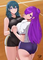 2022 2girls absurd_res artist_logo artist_signature ass big_ass blue_eyes blue_hair boobs_touching breast_press breasts breasts_squish byleth_(fire_emblem) byleth_(fire_emblem)_(female) female female_only fire_emblem fire_emblem:_three_houses fire_emblem_warriors:_three_hopes gym_uniform hair_over_one_eye hand_holding kaos_art large_breasts looking_at_viewer looking_back medium_hair nintendo purple_eyes purple_hair shez_(fire_emblem) shez_(fire_emblem)_(female) smile teal_hair thick_thighs thighs wide_hips // 1288x1810 // 257.6KB