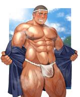 1boy abs armpit_hair armpit_hair_peek bara bare_pectorals blush bright_pupils bulge buzz_cut come_hither covered_penis feet_out_of_frame fundoshi grey_hair grin hachimaki happi headband highres japanese_clothes kansuke_(kansuke_717) kimono large_pectorals leg_hair long_sideburns looking_at_viewer male_focus male_pubic_hair mature_male muscular muscular_male navel navel_hair nipples open_clothes open_kimono original outstretched_arms pectorals pubic_hair pubic_hair_peek seductive_smile see-through short_hair sideburns smile solo sparse_navel_hair spread_arms standing stomach strongman_waist summer_festival sweat thick_thighs thighs undressing very_short_hair very_sweaty wet wet_clothes wet_fundoshi // 1784x2158 // 333.7KB
