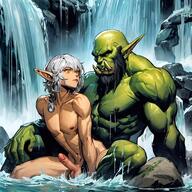 ai_generated anal anal_sex bald bathing bathing_together beard elf exhibitionism femboy green_skin implied_anal implied_sex lunny male_on_femboy naked nipples orc outdoors sex sitting_on_lap tusks waterfall world_of_warcraft // 1228x1228 // 288.0KB
