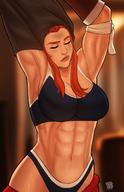 1girl abs armpits arms_up bra breasts brigitte_lindholm cleavage eyes_closed female large_breasts long_hair muscle muscular_female naavs overwatch pantsu parted_lips red_hair sidelocks solo sports_bra sweat underwear undressing // 960x1484 // 156.6KB