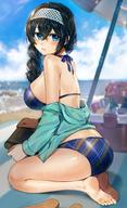 1girl ass barefoot beach beach_towel bikini bikini_under_clothes black_hair blue_bikini blue_eyes blue_jacket blue_sky blush book bottle braid breasts cloud commentary_request cooler day eyebrows_visible_through_hair footwear_removed from_side gijang hair_between_eyes hairband halter_top halterneck holding holding_book idolmaster idolmaster_cinderella_girls jacket large_breasts long_hair long_sleeves looking_at_viewer ocean off_shoulder outdoors parted_lips sagisawa_fumika sandals shadow single_braid sky soles solo sunlight swimsuit towel umbrella water // 880x1450 // 213.1KB