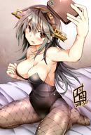 1girl :o absurdres alternate_costume arm_up bangs bare_arms bare_shoulders bed_sheet black_hair blush breasts brown_eyes brown_legwear bunnysuit cellphone cellphone_camera cleavage collarbone eyebrows_visible_through_hair gradient_hair green_hair hair_between_eyes hair_ornament hairclip haruna_(kantai_collection) headgear highres holding holding_phone kantai_collection large_breasts leotard long_hair looking_at_viewer mukouhara_shiryuu multicolored_hair no_shoes on_bed open_mouth pantyhose phone print_legwear self_shot shiny shiny_clothes shiny_skin sitting smartphone solo strapless strapless_leotard sweat taking_picture wariza wrist_cuffs // 1080x1599 // 308.6KB