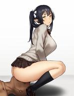 1girl ass bangs black_hair black_neckwear black_skirt blush breasts female grey_sweater hair_ornament hair_ribbon hips houtengeki kneehighs large_breasts long_hair looking_back open_mouth original pleated_skirt pointed_ears ribbon simple_background sitting sitting_on_face sitting_on_person skirt solo_focus sweater thighs tied_hair twintails white_background white_ribbon yellow_eyes // 880x1137 // 78.7KB