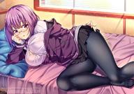 1girl artist_name bangs bedroom black_legwear black_skirt blush breasts bursting_breasts collared_shirt commentary_request eyebrows_visible_through_hair highres indoors jacket large_breasts lavender_hair long_sleeves looking_at_viewer lying miniskirt on_bed on_side pantyhose pleated_skirt purple_jacket semi-rimless_eyewear shinjou_akane shiny shiny_clothes shirokuma_a shirt short_hair skirt solo ssss.gridman thighs white_shirt window // 1200x848 // 183.5KB