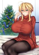 2girls ahoge aqua_eyes artoria_pendragon_(all) artoria_pendragon_(lancer) black_legwear blonde_hair blush braid breasts christmas christmas_tree commentary_request crown_braid curvy dated dress english fate_(series) hair_between_eyes highres hirasawa_seiji huge_breasts multiple_girls pantyhose red_sweater ribbed_sweater sidelocks sitting solo sweater sweater_dress thick_thighs thighband_pantyhose thighs turtleneck turtleneck_sweater // 1080x1520 // 180.8KB