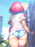 1girl ahoge ass bangle blue_hair blue_sky blurry blurry_background bracelet city cloud cowboy_shot day from_behind hair_intakes highres idolmaster idolmaster_cinderella_girls jewelry multicolored_hair off-shoulder_shirt off_shoulder outdoors panties pink_hair rukitsura shiny shiny_skin shirt short_hair short_sleeves sky solo striped striped_panties t-shirt two-tone_hair underwear walking white_shirt yumemi_riamu // 1280x1732 // 228.0KB