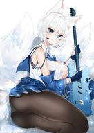 1girl absurdres alternate_costume animal_ears azur_lane bangs black_legwear blue_eyes blue_skirt blunt_bangs breasts cleavage detached_sleeves eyeliner eyeshadow fox_ears fox_girl fox_tail gloves guitar highres instrument kaga_(azur_lane) large_breasts makeup microphone multiple_tails panties pantyhose partly_fingerless_gloves short_hair skirt solo tail thighs underwear white_hair white_panties yukineko1018 // 1280x1810 // 278.8KB