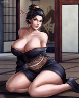 alternative_costume bent_knees black_hair blue_eyes breasts censored cleavage convenient_censoring female flowerxl hair_ornament kimono kneeling large_breasts long_hair nico_robin one_piece sexy_pose traditional_clothes two_years_later wafuku // 1080x1339 // 136.0KB