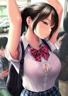 1girl armpits arms_up backpack bag bangs black_hair blue_skirt bow bowtie bra bra_through_clothes breasts brown_hair cleavage collarbone collared_shirt commentary_request dress_shirt eyebrows_visible_through_hair kase_daiki large_breasts long_hair looking_away original parted_lips pink_bra plaid plaid_bra plaid_skirt ponytail red_bow red_neckwear shirt short_sleeves sidelocks skirt standing striped striped_bow striped_neckwear underwear upper_body white_shirt // 1228x1722 // 287.3KB