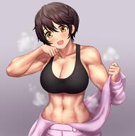 1girl abs bangs bare_shoulders black_sports_bra blush bodysuit breasts brown_hair cleavage collarbone commentary_request cowboy_shot eyebrows_visible_through_hair greenteamousou grey_background groin hair_between_eyes hand_on_own_cheek hand_on_own_face head_tilt highres idolmaster idolmaster_cinderella_girls large_breasts looking_at_viewer midriff muscular muscular_female navel off_shoulder oikawa_shizuku open_mouth pink_bodysuit short_hair sidelocks simple_background smile solo sports_bra standing steam sweat taut_clothes yellow_eyes // 1470x1488 // 176.4KB