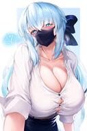 1girl blue_eyes blue_hair blush breasts cleavage eyebrows eyebrows_visible_through_hair fategrand_order fate_(series) heart highres hirasawa_seiji leaning_forward looking_at_viewer mask morgan_le_fay_(fate) mouth_mask office_lady sleeves_rolled_up steam steaming_body tied_hair undersized_clothes upper_body // 1080x1636 // 211.7KB