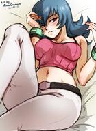 bangs blue_hair blush bracelet breasts creatures_(company) crop_top game_freak jewelry lying midriff mina_cream navel nintendo pants pink_tank_top pokemon pokemon_(game) pokemon_hgss sabrina_(pokemon) spaghetti_strap stomach tank_top thighs white_pants // 1088x1490 // 173.7KB