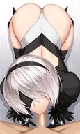akitsuki_karasu all_fours ass back bangs black_hairband black_leotard clothed_female_nude_male eyepatch fellatio female from_above grey_hair hair_over_one_eye hairband highres leotard long_sleeves nier_(series) nier_automata nude oral parted_bangs penis pov short_hair solo_focus straight // 1080x1800 // 228.7KB