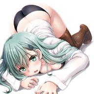 1:1_aspect_ratio 1girl all_fours aqua_eyes aqua_hair ass bangs black_bra black_panties black_underwear blush bra breast_press breasts brown_legwear cleavage dd_(ijigendd) eyebrows_visible_through_hair female green_eyes hair_between_eyes hair_ornament hairclip kantai_collection large_breasts long_hair long_sleeves looking_at_viewer no_pants no_shoes open_clothes open_mouth open_shirt pantsu shirt simple_background solo suzuya_(kantai_collection) thighhighs top-down_bottom-up underwear white_background white_shirt // 1080x1080 // 186.8KB