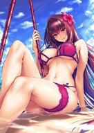 1girl arm_support bangs bare_shoulders bikini blue_sky breasts cleavage eyebrows_visible_through_hair fategrand_order fate_(series) female fingernails flower gae_bolg hair_between_eyes hair_flower hair_intakes hair_ornament hibiscus high_resolution hips knee_up large_breasts leaning_back leg_garter legs long_fingernails long_hair navel outdoors parted_lips partially_submerged pink_bikini pinky_out piromizu purple_hair red_eyes scathach_(fate) scathach_(swimsuit_assassin) sitting sky sliding_doors smile solo swimsuit thighs underboob waist wet // 1080x1526 // 250.8KB
