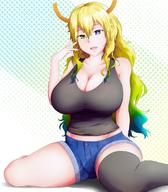 1girl arm_behind_back asymmetrical_legwear bangs bare_shoulders black_legwear black_thighhighs blonde breasts cleavage curvaceous denim denim_shorts dragon_girl dragon_horns eyebrows_visible_through_hair fadzfadz00 female gradient_hair green_eyes hair_between_eyes hand_on_own_face hand_up heterochromia high_resolution horns large_breasts long_hair looking_at_viewer midriff miss_kobayashi's_dragon_maid monster_girl multicolored_hair open_mouth purple_eyes quetzalcoatl_(dragon_maid) short_shorts shorts single_thighhigh sitting slit_pupils solo spread_legs tank_top thick_thighs thighhighs thighs three-tone_hair tight_clothes voluptuous wariza // 1080x1231 // 201.4KB