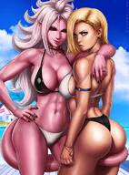 2girls abs android_18 android_21 arm_around_shoulder armlet ass ass_visible_through_thighs biceps bikini black_nails black_sclera blonde_hair blue_eyes blue_sky bracelet breasts cleavage collarbone dandon_fuga dragon_ball dragon_ball_fighterz dragon_ball_z earrings hand_on_hip hoop_earrings jewelry large_breasts lavender_hair long_hair looking_at_viewer looking_back majin_android_21 multiple_girls nail_polish navel pink_skin pinup pointy_ears red_eyes ring short_hair sky smile stomach swimsuit tail tail_wrap toned very_long_hair // 880x1192 // 163.8KB