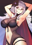 1girl :o arched_back armpits arms_behind_head azur_lane bare_arms black_background black_swimsuit breasts cape cleavage cowboy_shot dakunesu eyebrows_visible_through_hair female flower graf_zeppelin_(azur_lane) hair_between_eyes hair_flower hair_ornament high_resolution highleg highleg_swimsuit large_breasts long_hair looking_at_viewer navel navel_cutout one-piece_swimsuit silver_hair simple_background swimsuit thighs // 1080x1510 // 185.8KB
