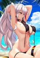 1girl ahoge anchor_symbol armpits arms_behind_head ass_visible_through_thighs azur_lane bangs beach bikini black_bikini blue_sky blush breasts brown_eyes choker cloud covered_nipples earrings eyebrows_visible_through_hair flag_print german_flag german_flag_bikini hair_between_eyes hair_ribbon hair_tie_in_mouth highres iron_cross jewelry large_breasts legs_crossed long_hair looking_afar mouth_hold multicolored_hair navel palm_leaf parted_lips prinz_eugen_(azur_lane) ribbon sand shiny shiny_skin side-tie_bikini sideboob silver_hair sitting skindentation sky solo stomach sunset swimsuit thigh_strap tony_guisado two-tone_hair two_side_up tying_hair untied untied_bikini untied_bikini_bottom wet // 1080x1543 // 266.2KB