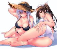 2girls alternate_costume arm_support awa_yume bare_arms bare_legs barefoot bikini blush breasts brown_eyes brown_hair cameltoe closed_mouth collarbone hair_ribbon hand_behind_head hand_on_own_thigh hat kantai_collection large_breasts leaning_forward long_hair lying medium_breasts multiple_girls navel open_mouth ribbon shaded_face shoukaku_(kantai_collection) side-tie_bikini simple_background smile stomach straw_hat swimsuit thighs twintails white_background white_bikini white_hair zuikaku_(kantai_collection) // 1200x1029 // 182.2KB