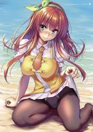 1girl arm_support bangs beach blush bow breasts closed_mouth day dress eyebrows_visible_through_hair fingernails green_eyes hair_bow head_tilt highres holding_skirt large_breasts lips long_hair looking_at_viewer necktie orange_hair original outdoors panties pantyhose piromizu puffy_short_sleeves puffy_sleeves shiny shiny_hair shore short_dress short_sleeves sidelocks sitting skirt skirt_lift smile solo underwear water // 1080x1525 // 278.5KB