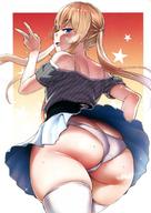 1girl absurdres ass bare_shoulders blonde_hair blue_eyes blush cowboy_shot fang from_behind half-closed_eyes heavy_breathing highres iku_(ikuchan_kaoru) long_hair off_shoulder open_mouth original panties pleated_skirt scan shirt short_sleeves sidelocks simple_background skindentation skirt smile solo star striped striped_shirt sweat thighhighs twintails underwear upskirt v white_background white_legwear white_panties white_skirt wind wind_lift // 1200x1696 // 266.0KB