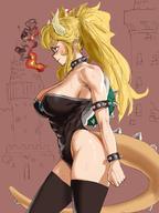 1girl abs armlet bare_shoulders black_legwear black_leotard blonde_hair blue_eyes blush bowsette bracelet breasts breathing_fire castle collar crown d1975 fire from_side gem highres horns jewelry large_breasts leotard mario_(series) muscle muscular_female new_super_mario_bros._u_deluxe ponytail spiked_bracelet spiked_collar spikes strapless strapless_leotard super_crown super_mario_bros. sweat tail thighhighs thighs turtle_shell // 1080x1440 // 186.3KB