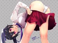 1girl bangs banned_artist bent_over black_hair blush breasts collared_shirt commentary_request eyebrows_visible_through_hair fang hair_between_eyes hair_ribbon highres long_hair long_sleeves necktie open_mouth original panties pleated_skirt purple_eyes purple_neckwear purple_ribbon red_skirt ribbon shirt skirt skirt_pull small_breasts solo tetsubuta translation_request twintails underwear white_panties white_shirt // 1200x878 // 128.4KB