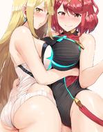 2girls absurdres ass bangs bare_shoulders black_swimsuit blonde_hair blush breast_press breasts breath collarbone commentary covered_collarbone covered_navel earrings hand_under_clothes hand_under_swimsuit headpiece hews_hack highres hikari_(xenoblade_2) hips homura_(xenoblade_2) huge_filesize jewelry large_breasts long_hair looking_at_viewer multiple_girls red_eyes red_hair red_swimsuit short_hair sidelocks simple_background smile swept_bangs swimsuit symmetrical_docking tiara two-tone_swimsuit very_long_hair waist white_background white_swimsuit xenoblade_(series) xenoblade_2 yellow_eyes yuri // 1200x1547 // 268.0KB