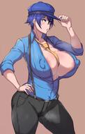 1girl :o areolae ass black_pants blue_eyes blue_hair blue_shirt breasts cap curvaceous detective detective_hat erect_nipples erect_nipples_under_clothes female female_only female_solo hand_on_hip hand_on_own_hip hat high_resolution holding holding_hat holding_object huge_ass huge_breasts huge_nipples large_areolae looking_away metal_owl_(aden12) necktie necktie_between_breasts nipples one_arm_up overalls pants penis persona persona_4 pose shirogane_naoto shirt simple_background sleeves_rolled_up solo thick_thighs thighs third-party_edit very_high_resolution wide_hips yellow_necktie // 1200x1889 // 199.5KB