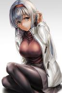 1girl adjusting_hair alternative_costume bangs belt black_legwear blush breasts brown_eyes buckle closed_mouth coat eyebrows_visible_through_hair female fur-trimmed_coat fur_trim grey_skirt hairband high_resolution kantai_collection kokuzoo large_breasts long_hair looking_at_viewer maroon_sweater open_clothes open_coat pantyhose red_hairband ribbed_sweater shoukaku_(kantai_collection) sidelocks silver_hair simple_background sitting skirt smile solo sweater turtleneck turtleneck_sweater unzipped white_background white_coat zipper // 1200x1783 // 222.9KB