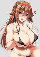 1girl ar_(lover_boy) bangs bikini blush breast_hold breasts brown_eyes brown_hair clavicle cleavage eyebrows_visible_through_hair female hair_between_eyes hair_flaps hairband heart heart-shaped_pupils high_resolution holding kantai_collection large_breasts long_hair looking_at_viewer micro_bikini navel open_mouth red_hairband shiratsuyu_(kantai_collection) simple_background smile solo steam swimsuit symbol-shaped_pupils tongue tongue_out very_high_resolution // 1200x1694 // 275.6KB