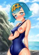 1girl bare_arms beach blue_eyes blue_hair blue_swimsuit blush breasts covered_navel creatures_(company) erect_nipples flashing game_freak hair_ornament half-closed_eyes highres looking_at_viewer naughty_face nintendo nipples one-piece_swimsuit one_breast_out pokemon pokemon_(game) pokemon_sm school_swimsuit short_hair sky small_breasts smile solo standing suiren_(pokemon) swimsuit trial_captain // 1080x1526 // 165.3KB